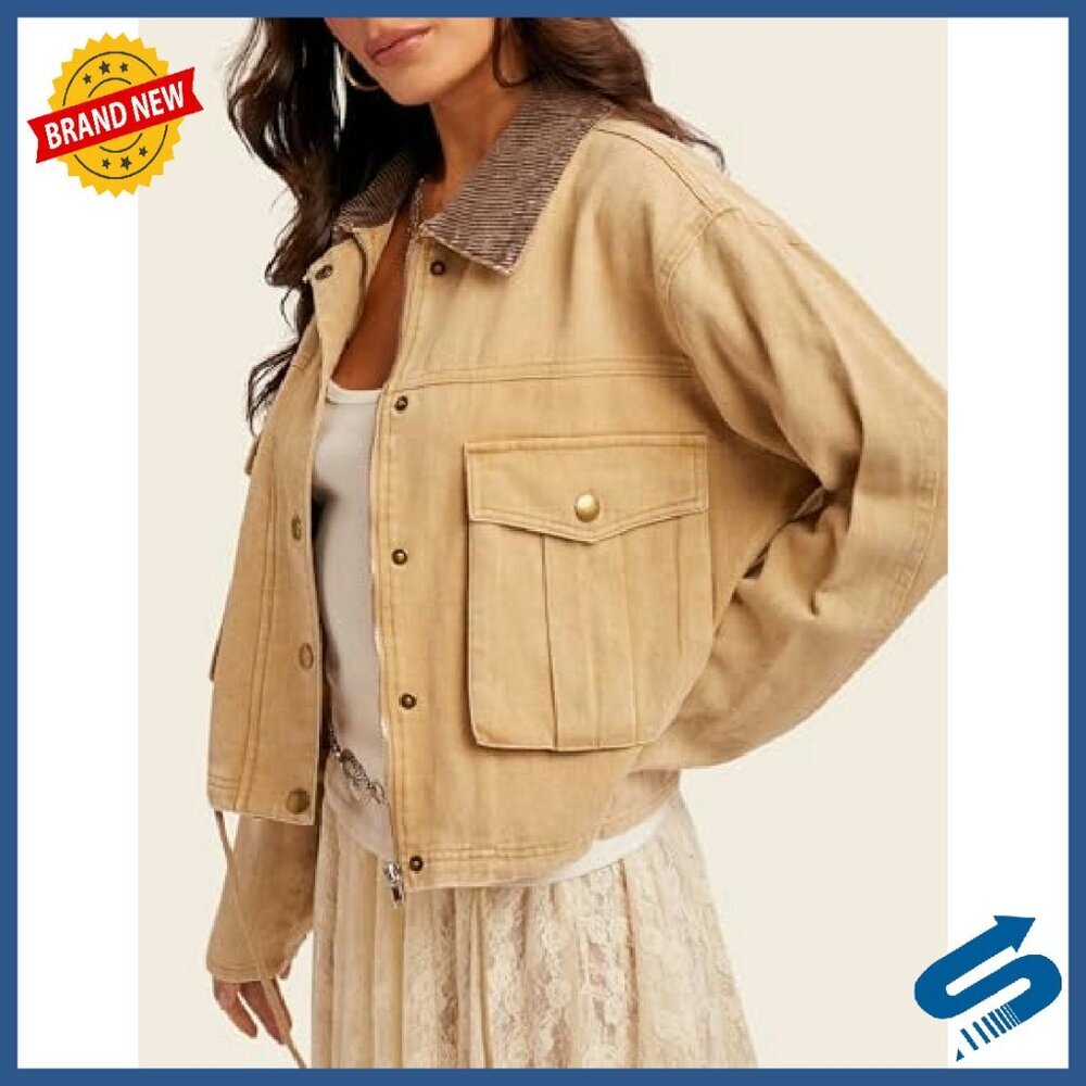 Cropped Button Down Jacket with Corduroy Lapel Pockets Long Sleeve - Picture 8 of 8